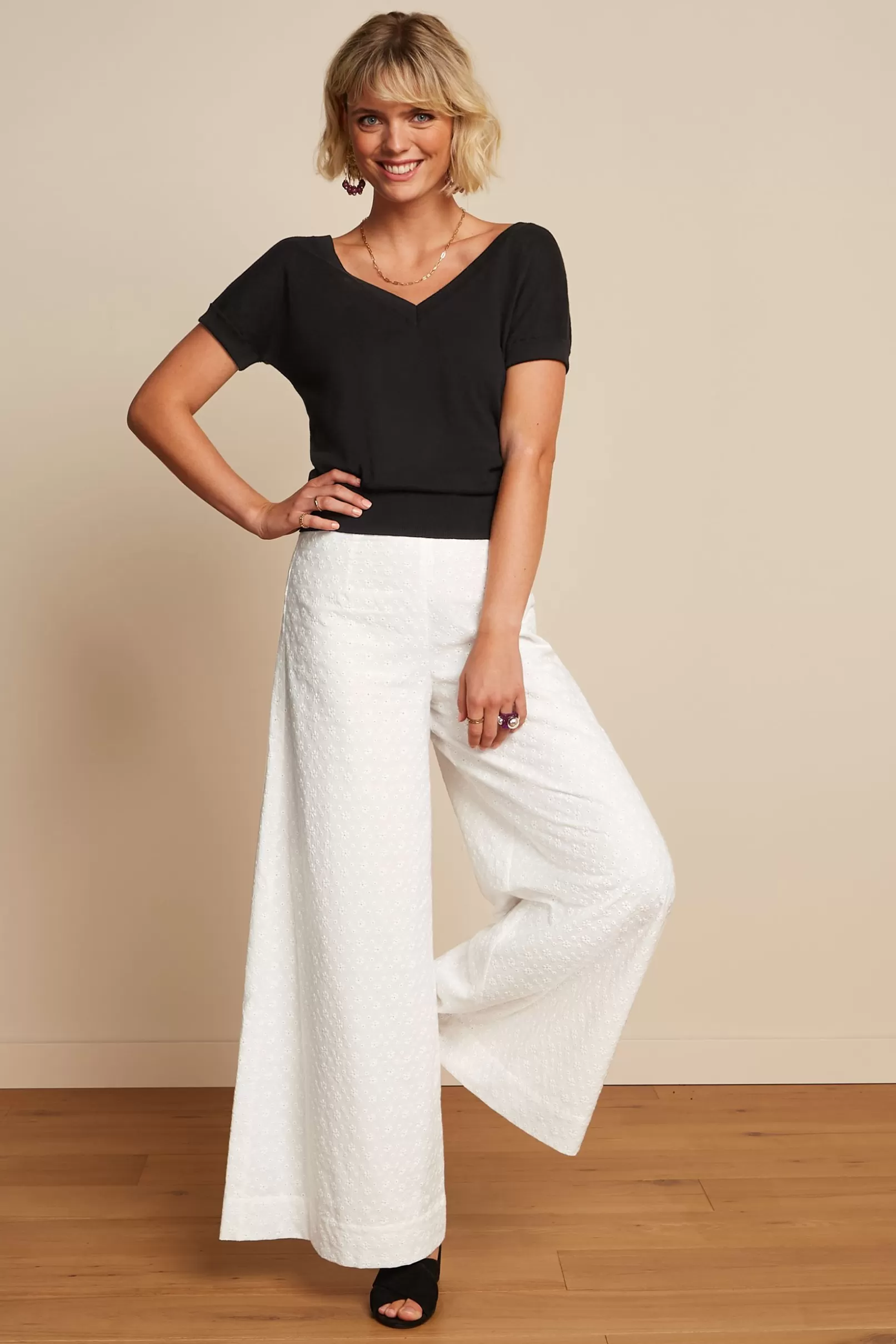 Broeken*King Louie Palazzo Pants Rosa Broderie Anglaise White